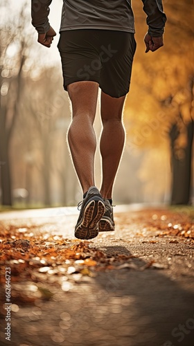 Perspective of a man's legs while jogging in a park