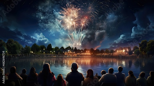 A group of people watch a fireworks show at night in front of a lake