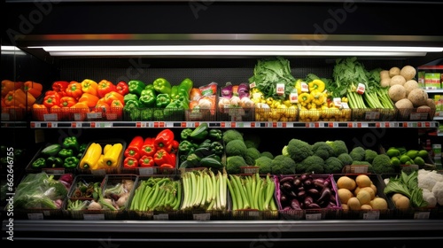 Fresh fruit and vegetable shelves in a supermarket