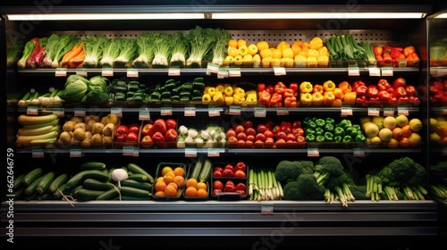 Fresh fruit and vegetable shelves in a supermarket