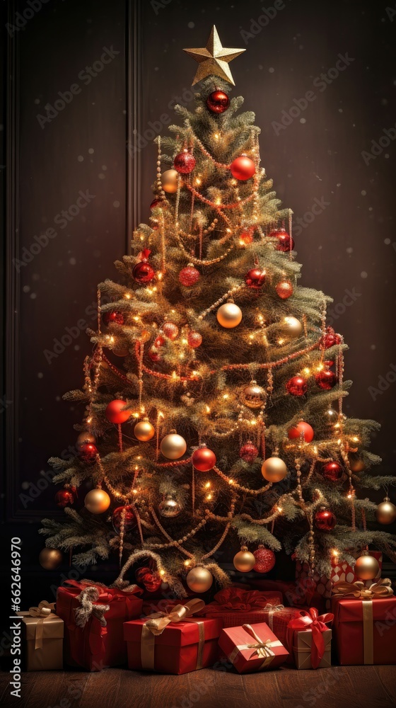 A beautifully decorated Christmas tree waiting for Santa Claus and his gifts