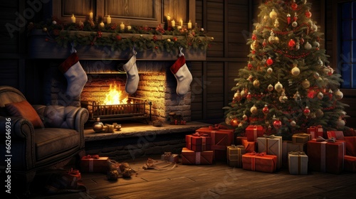 Beautiful and cozy living room with a lit fireplace decorated with ornaments and a Christmas tree
