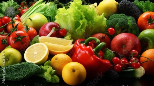 A colorful assortment of fresh fruits and vegetables on a wooden table