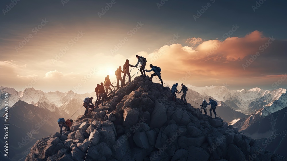 Fototapeta premium A group of successful people hikes toward the top of the mountain