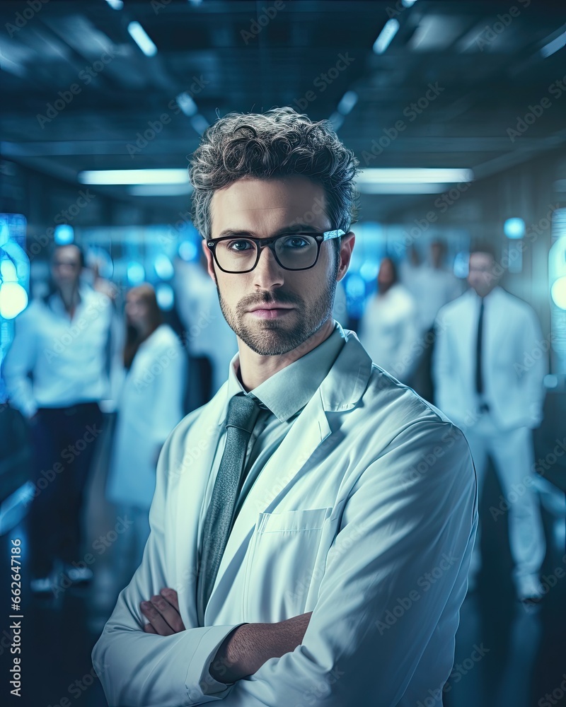 Obraz premium Young doctor scientist in a laboratory with other colleagues in the background