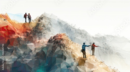 Two adventurers climb and help each other reach the top of the mountain