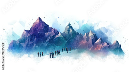 A group of successful people hikes toward the top of the mountain
