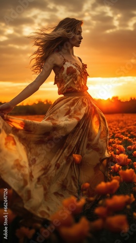 A beautiful woman dances in her flowing dress in a field of flowers during the sunset