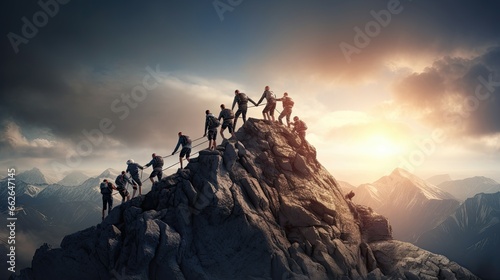 A group of successful people hikes toward the top of the mountain