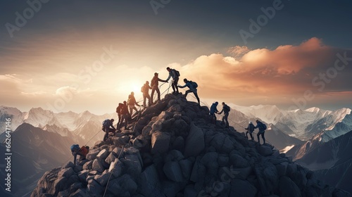 A group of successful people hikes toward the top of the mountain