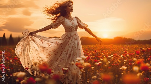 A beautiful woman dances in her flowing dress in a field of flowers during the sunset photo