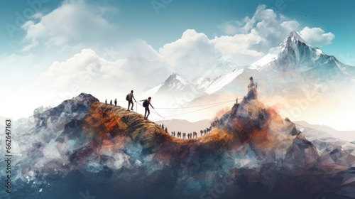 A group of successful people hikes toward the top of the mountain