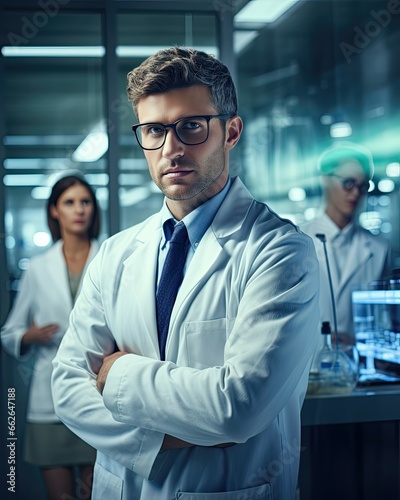 Young doctor scientist in a laboratory with other colleagues in the background