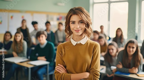 Young teacher and students in the background