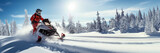 Well-equipped snowmobile driver racing through the snowy forests of Lapland, Finland