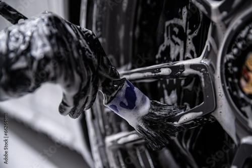 Employee of a car detailing studio meticulously cleans the rim of a sports car with a brush