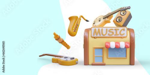 Model of musical store with different instruments near. Music column, electric and acoustic guitar, saxophone and flute in 3d style. Vector illustration yellow and red colors in cartoon style