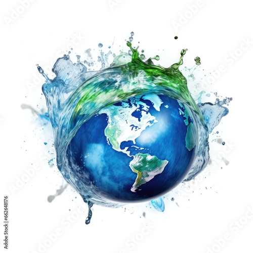 earth planet in splash of water on white