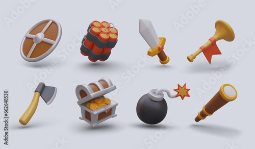 Large set of game illustrations. Items for battle. Shield, dynamite, sword, bugle, axe, chest with coins, bomb, spyglass. Color images in cartoon style