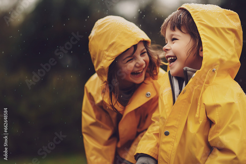 Photo of Caucasian kids having fun on the rain