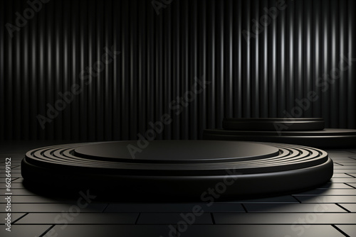The prominent round podium dominates with its black color, standing firmly against an all black background