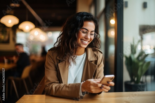 Latina woman in glasses enjoying social media at coffee shop. Hispanic female using a smartphone or business, online shopping, transfer money, financial, internet banking.