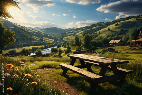 Picnic table and benches on a meadow in the countryside hill
