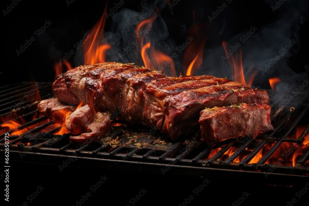 Meat steak cooking on flaming grill.