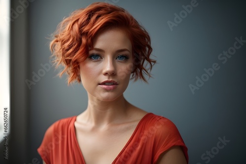 attractive redhead woman in light red dress with short hair on solid grey background. Generative AI.