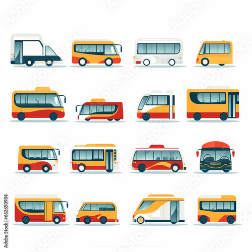 Set of different bus icons. Vector illustration in flat cartoon style.