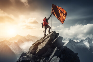 A mountaineer plants a flag at the summit of a high peak, the majestic mountain range serves as a backdrop for this significant accomplishment