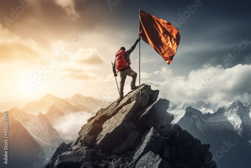 A mountaineer plants a flag at the summit of a high peak, the majestic mountain range serves as a backdrop for this significant accomplishment photo