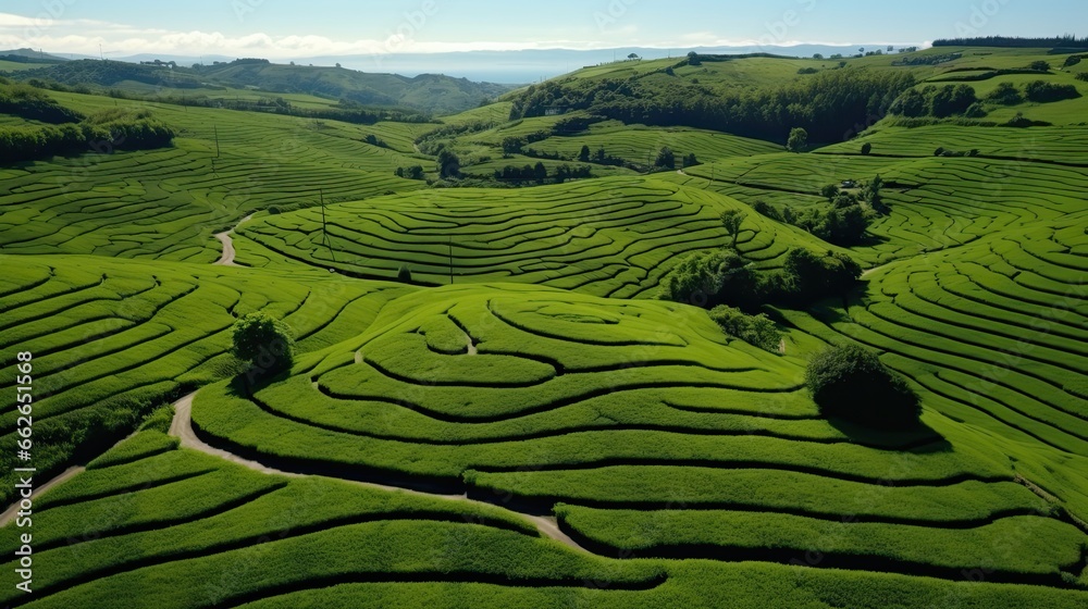 Aerial view of green tea plantation in the morning. Nature background Aerial view of green tea plantation in the morning. Nature background