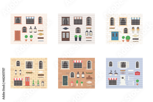 Collection of elements for house builders. Set includes doors, windows, lanterns, plants, signs. Exterior concept for house. Cartoon flat style. Vector illustration