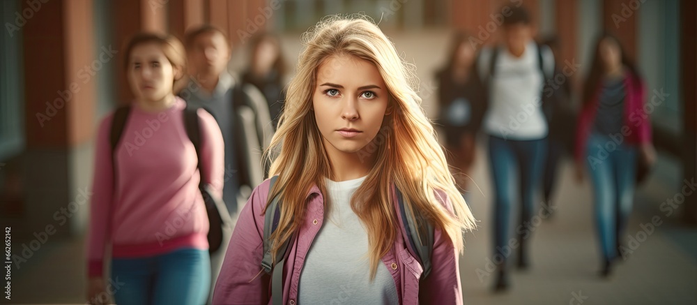 Female student looking behind while going to class in college Girl walking with friends heading to class in high school With copyspace for text