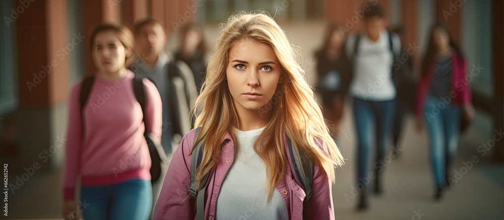 Female student looking behind while going to class in college Girl walking with friends heading to class in high school With copyspace for text Female student looking behind while going to class in college Girl walking with friends heading to class in high school With copyspace for text
