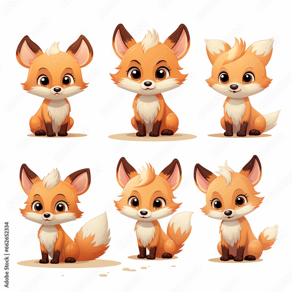 Vector illustration of Cute cartoon foxes in different poses isolated on white background