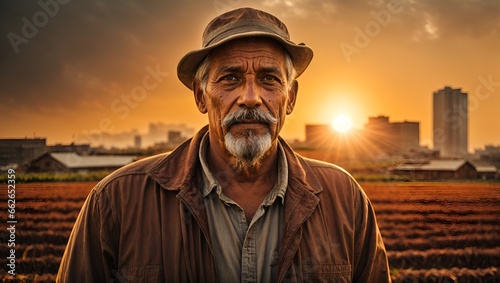 Contrasting Portraits: Seasoned Farmer with Sunlit Hopeful Gaze & City Executive Against Skyscraper in Metallic Shades