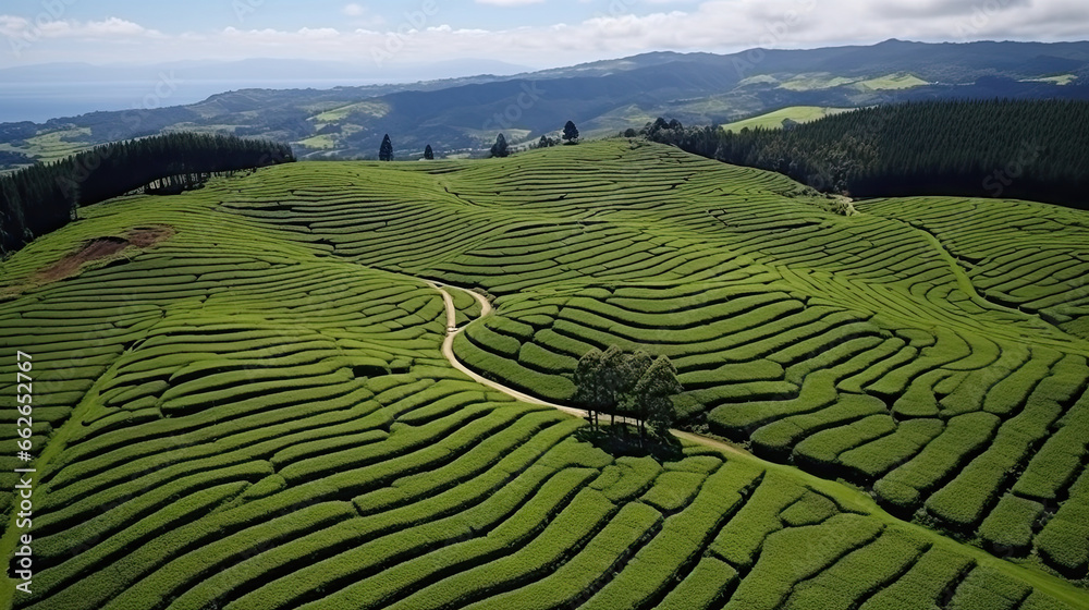 Aerial view of green tea plantation in the morning. Nature background