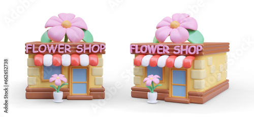 Flower shop building in cartoon style. Color 3D vector illustration. Front and side view. Huge decorative flower on roof. Florist, landscape designer services
