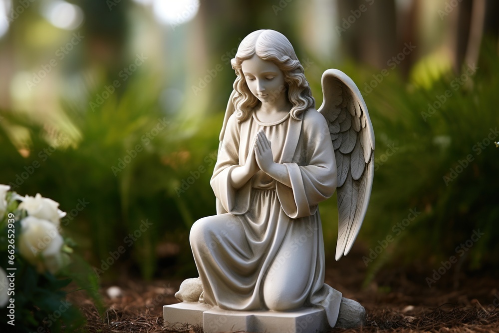 Angel statue with white roses in the cemetery.Religious background
