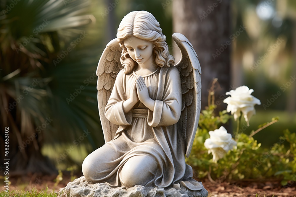 Angel statue with white roses in the cemetery.Religious background
