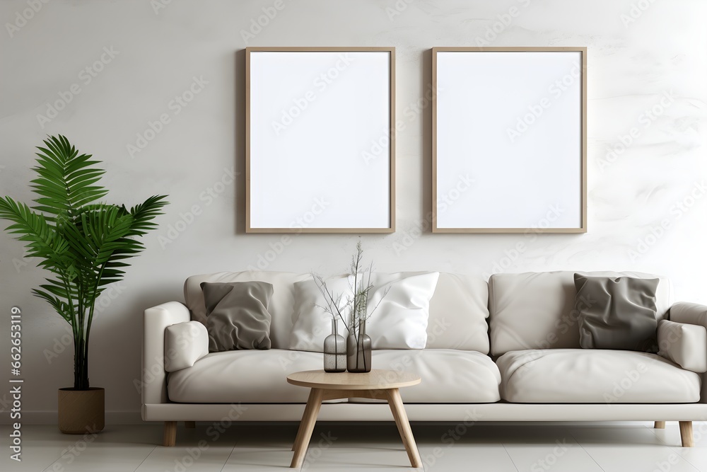 Fototapeta premium Poster mockup with vertical frame on empty minimal room in living room with industrial style interior, no text, white poster. Generative AI