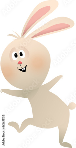 Cute and happy bunny or rabbit character illustration for kids. Dancing or jumping bunny animal cartoon for children. Isolated vector animal character clip art.