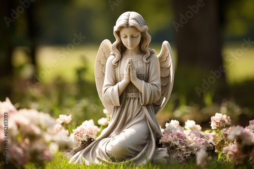 Angel statue with white roses in the cemetery.Religious background 