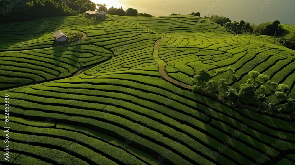 Aerial view of green tea plantation in the morning. Nature background Aerial view of green tea plantation in the morning. Nature background