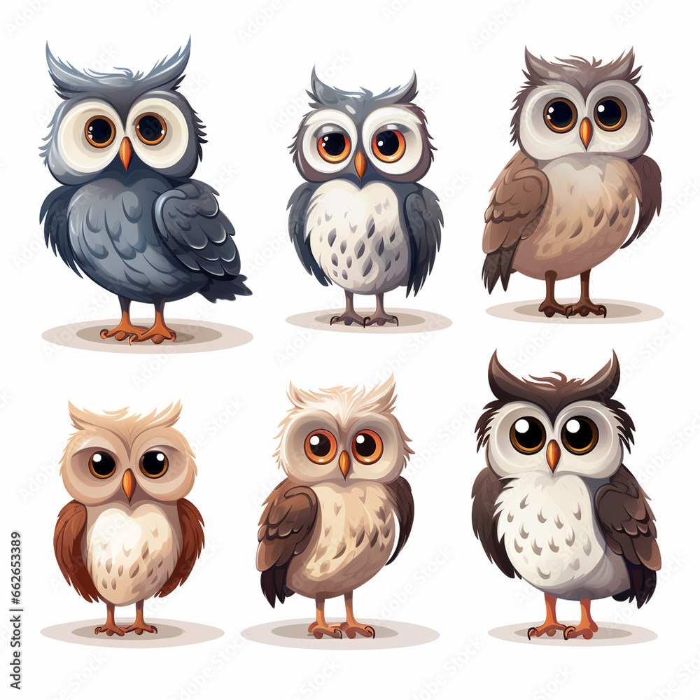 Owl cartoon character set. Cute blue and white owl vector illustration Owl cartoon character set. Cute blue and white owl vector illustration