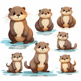 Set of cute otters isolated on white background. Vector illustration.