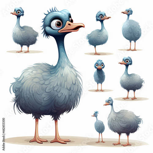 Set of emu birds isolated on white background. Vector illustration.