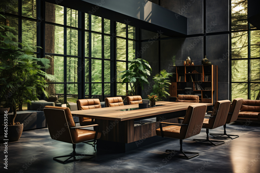 Interior of modern meeting room with brown walls, carpet floor and wooden conference table